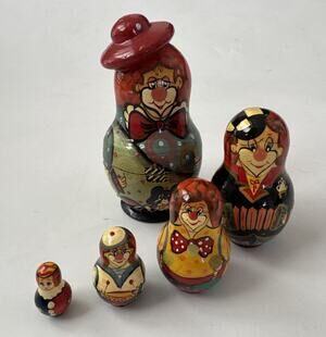 Hand Painted Wooden Clown Nesting Doll Folk Art Circus Decor